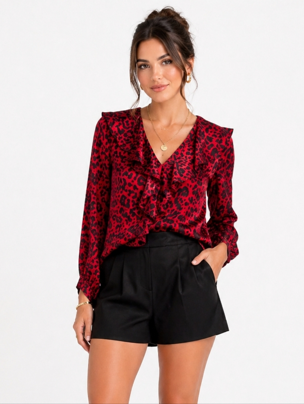 Jones New York Red Leopard Print Ruffle V Neck Blouse Top Size L